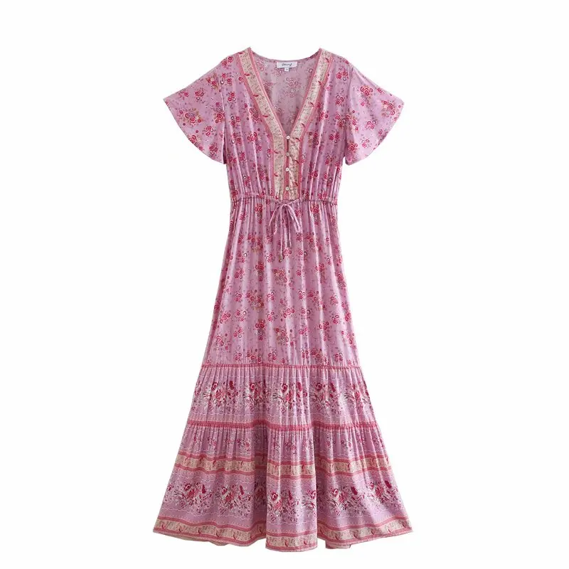 Pink Rosebud Boho Floral Print Maxi Dress