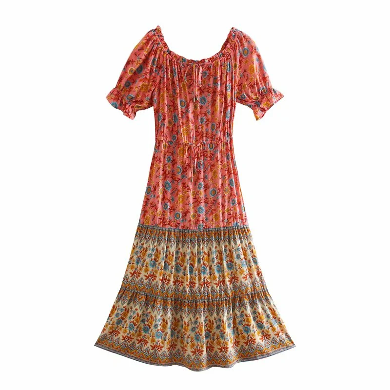 Coral Pink Boho Floral Print Midi Dress