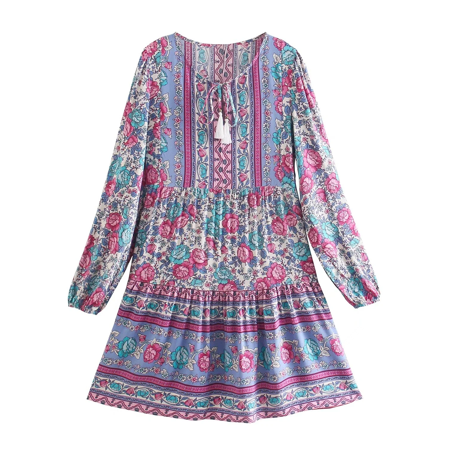 Periwinkle Rose Dream Boho Floral Print Mini Dress