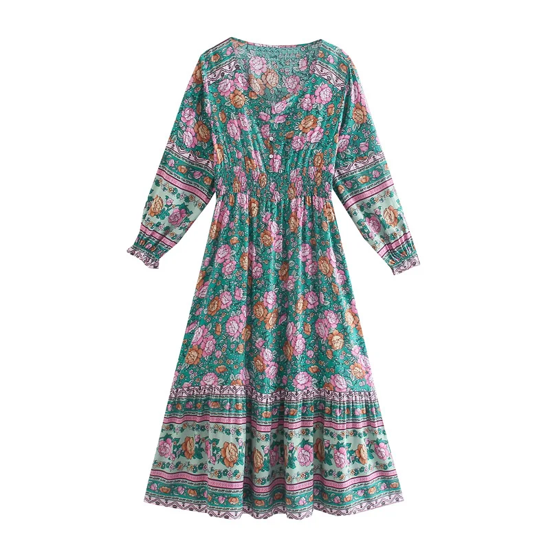 Enchanting Teal Boho Floral Print Midi Dress