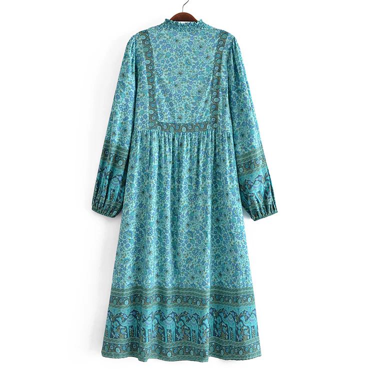 Calypso Camel Boho Floral Print Long Sleeve Midi Dress