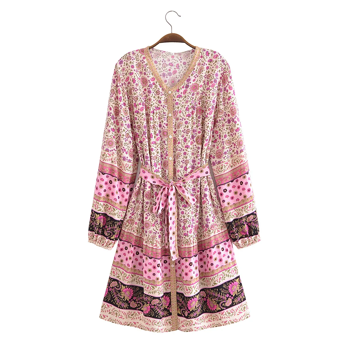 Pink Whimsy Boho Floral Print Long Sleeve Mini Dress