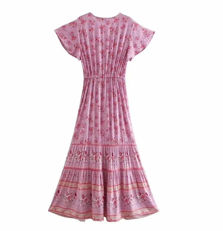 Pink Rosebud Boho Floral Print Maxi Dress